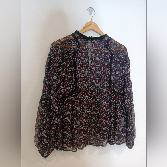 Zara Sheer Bohemian Floral Black Red White Lace Detail Flowy Peasant Top Sz S - Picture 2 of 8